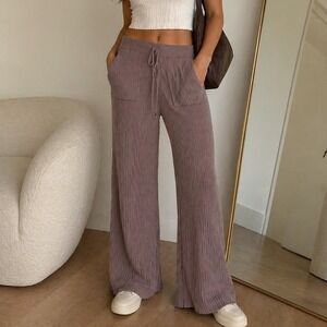 Jason Wu Womens Medium Ribbed Knit Wide Leg Lounge Pants Taupe Casual Drawstring